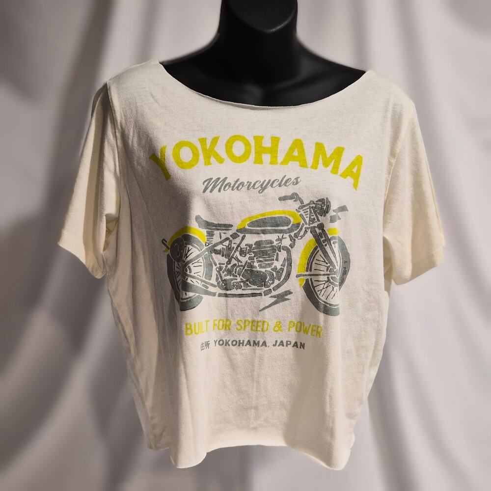 Yokohama Motorcycles Graphic‎ Crop Top Cream Yellow Biker Tee L